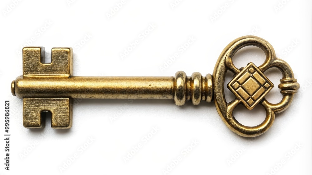 Ornate gold key is lying on a white background Ornate gold key is lying on a white background