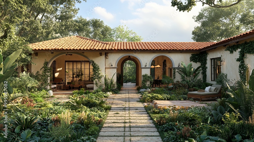 Stone Path Leading to a Tranquil Courtyard of a Mediterranean Villa Stone Path Leading to a Tranquil Courtyard of a Mediterranean Villa