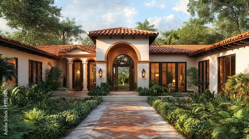 Mediterranean-Style Home with Brick Pathway and Lush Greenery