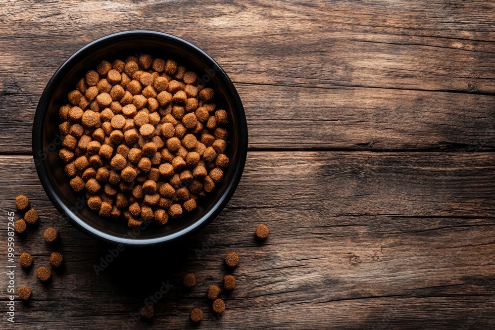 dry dog food in bowl on wooden background top view with generative ai dry dog food in bowl on wooden background top view with generative ai