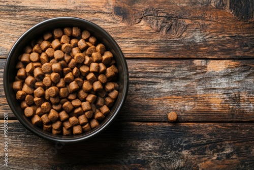 dry dog food in bowl on wooden background top view with generative ai