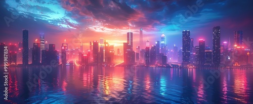 A stunning skyline glows under a twilight sky, where vibrant colors dance across the water's surface, highlighting the city's dynamic energy and architecture