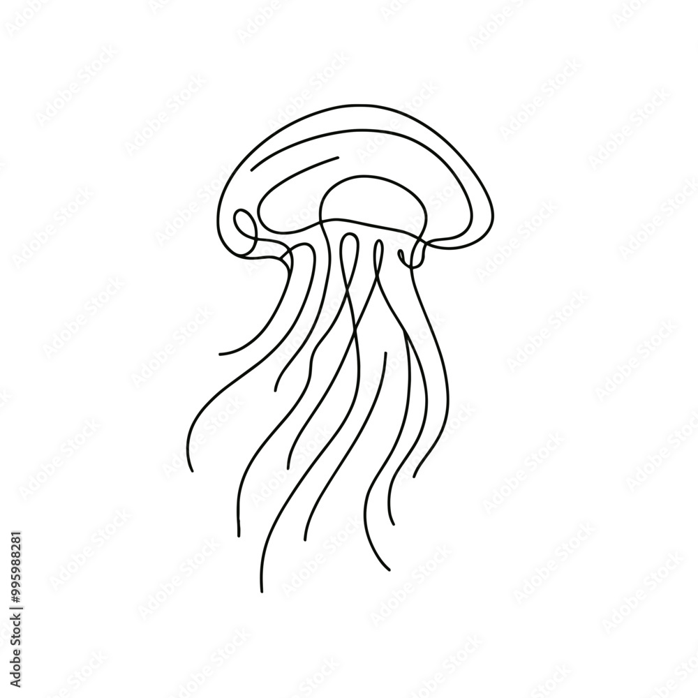 A jellyfish is drawn in a line. The jellyfish is white and has long, thin tentacles