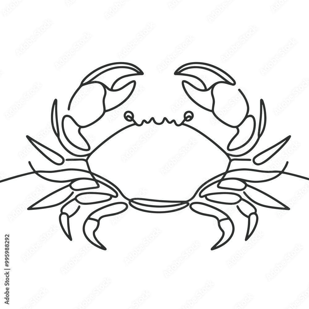A crab is drawn in black and white. The crab is shown in a line drawing style, with its claws and legs clearly visible. The image has a simple and minimalistic feel, with the focus on the crab's form A crab is drawn in black and white. The crab is shown in a line drawing style, with its claws and legs clearly visible. The image has a simple and minimalistic feel, with the focus on the crab's form