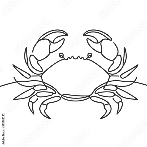 A crab is drawn in black and white. The crab is shown in a line drawing style, with its claws and legs clearly visible. The image has a simple and minimalistic feel, with the focus on the crab's form