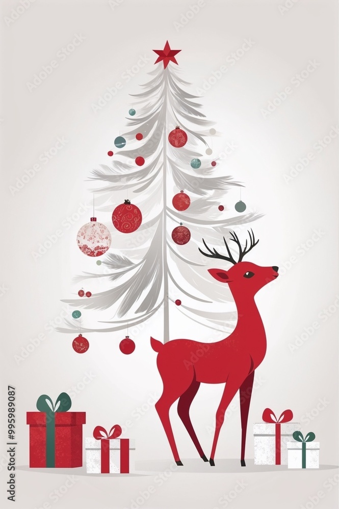 Naklejka premium Christmas deer near white tree and gifts on light background