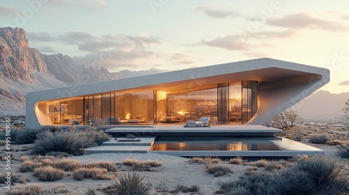 Modern Concrete House with Pool in Desert Landscape