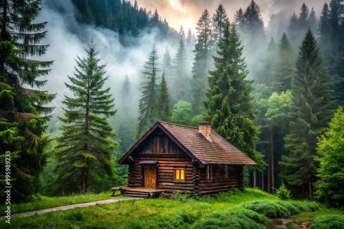 Rustic, isolated dark brown log cabin surrounded by towering trees, misty fog, and lush greenery, evoking a sense of seclusion and serenity in the woods.