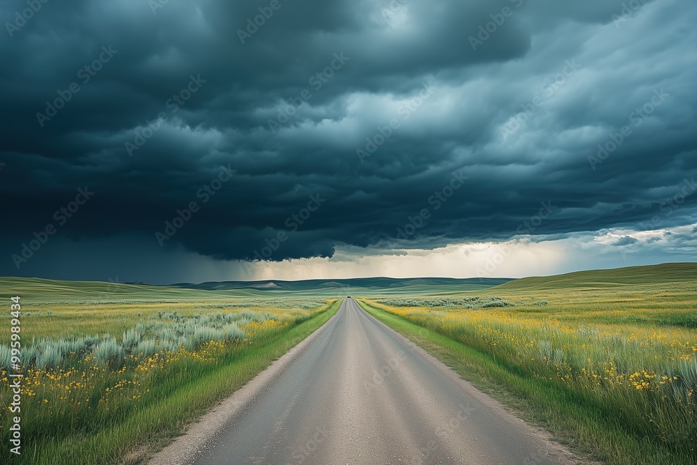A long road with a stormy sky above it A long road with a stormy sky above it