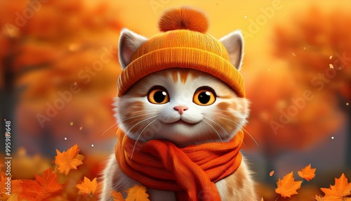 Cute Cartoon Cat in a Fall ...