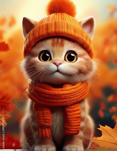Cute Cartoon Cat in a Fall ...