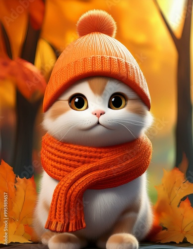 Cute Cartoon Cat in a Fall ...