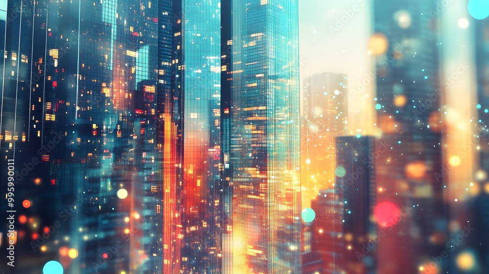 Fototapeta premium abstract background of blurred skyscrapers at night business and technology concept.