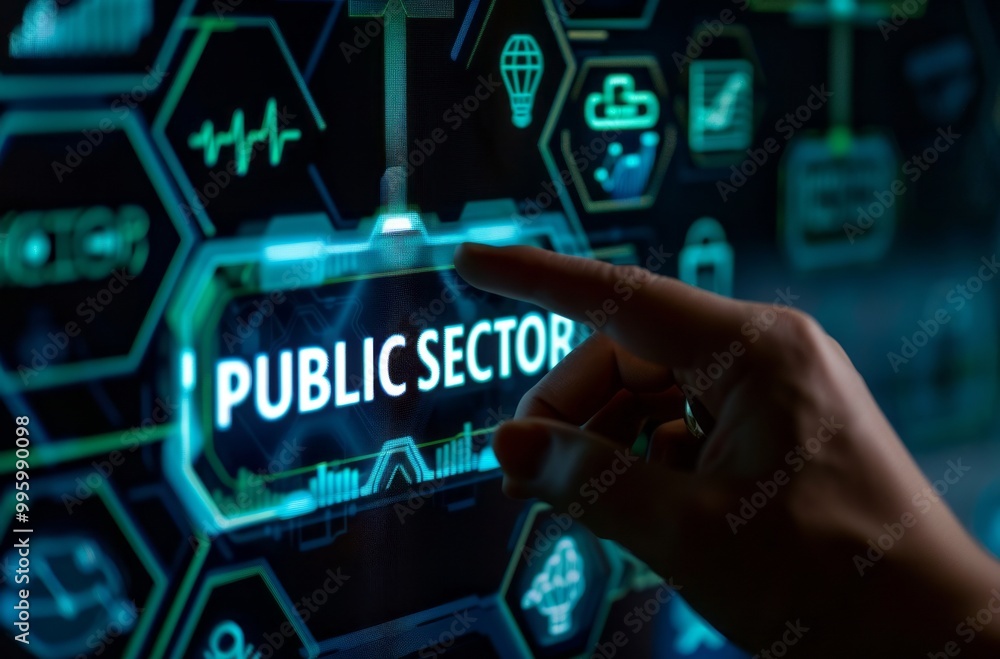 Hand touching virtual screen with word PUBLIC SECTOR, showing icons representing education, health and social isolated on black background Hand touching virtual screen with word PUBLIC SECTOR, showing icons representing education, health and social isolated on black background