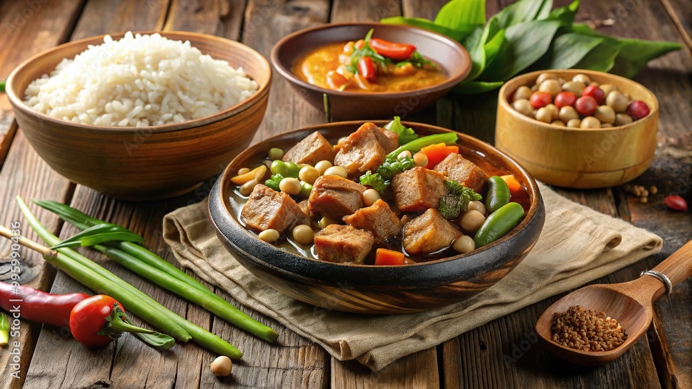 Savory Filipino peanut-based stew served with crispy fried pork belly, steamed vegetables, and steaming hot rice on a traditional wooden table setting. Savory Filipino peanut-based stew served with crispy fried pork belly, steamed vegetables, and steaming hot rice on a traditional wooden table setting.
