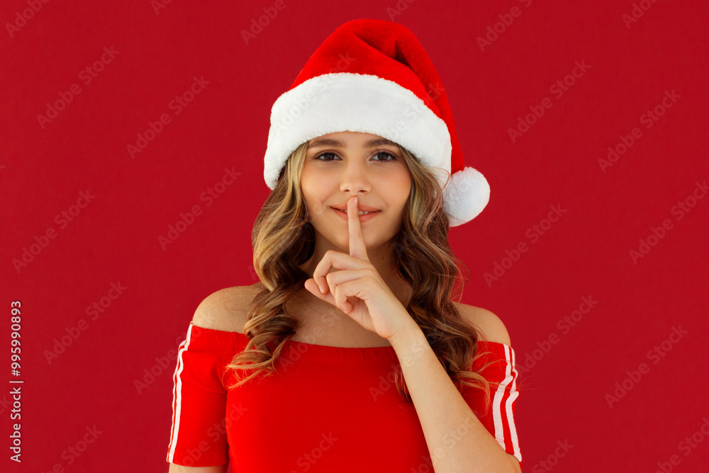 Beautiful european woman wearing a santa hat making a silence gesture with her finger on her lips on a christmas background Beautiful european woman wearing a santa hat making a silence gesture with her finger on her lips on a christmas background