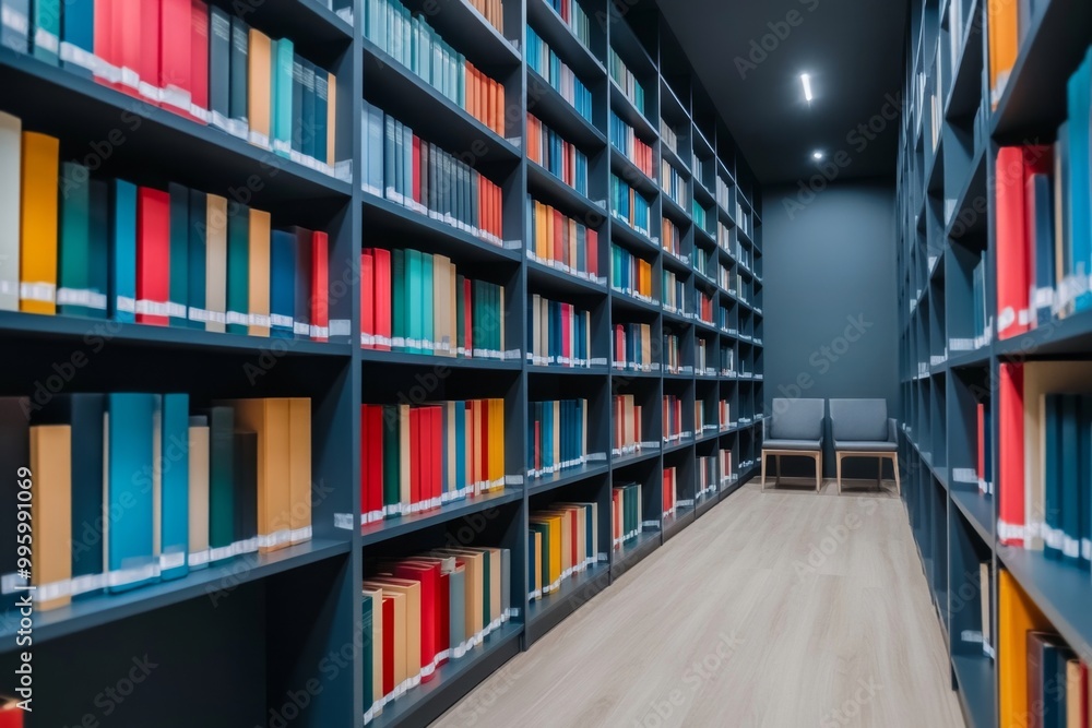 Modern Library Interior with Bookshelves and Empty Chairs in Dim Lighting Modern Library Interior with Bookshelves and Empty Chairs in Dim Lighting