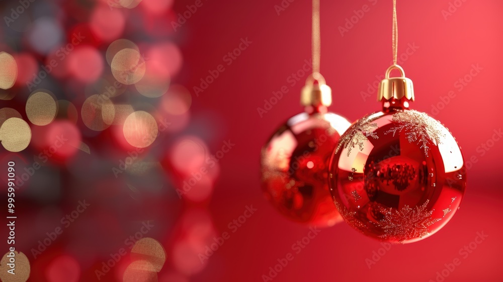Christmas and New Year holidays concept. Red and gold balls hanging reflective decoration, festive winter season. template design for greeting season advertisement, Xmas ornaments delicate snowflake Christmas and New Year holidays concept. Red and gold balls hanging reflective decoration, festive winter season. template design for greeting season advertisement, Xmas ornaments delicate snowflake