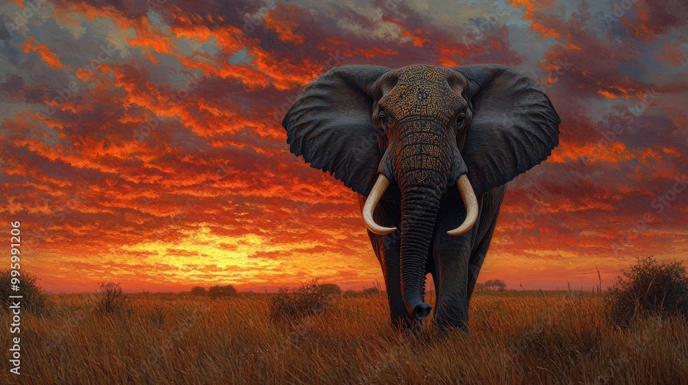 Obraz premium Majestic elephant standing in tall grass with a vibrant sunset in the background.
