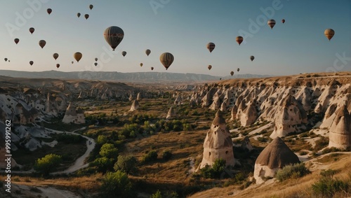 Beautiful cappadocia scene with vibrant hot air balloons drifting serenely above the rugged sunrise landscape