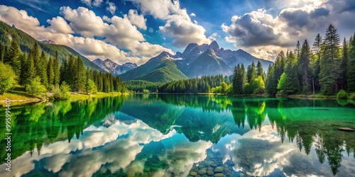 Serene alpine lake surrounded by lush green forest and majestic mountains, reflected in calm turquoise water under a warm sunny sky with fluffy white clouds.