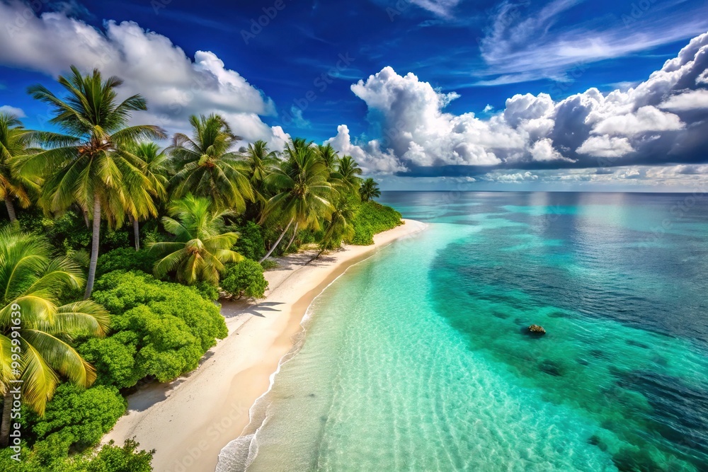Fototapeta premium Serene sun-kissed beach with lush green vegetation, sandy shores, and calm turquoise waters, inviting relaxation in a natural and unspoiled coastal paradise.
