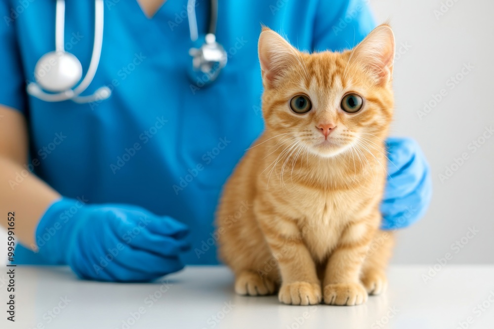Adorable Orange Kitten at Veterinary Checkup with Caring Veterinarian in Blue Scrubs Adorable Orange Kitten at Veterinary Checkup with Caring Veterinarian in Blue Scrubs