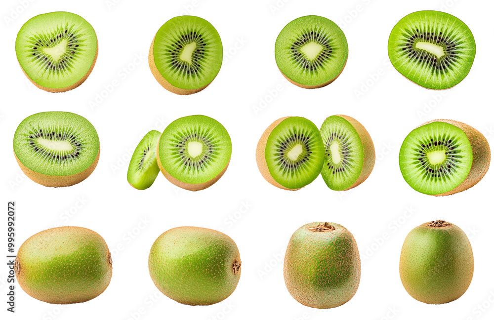 Fototapeta premium A variety of fresh kiwi displayed on a white background or transparent PNG