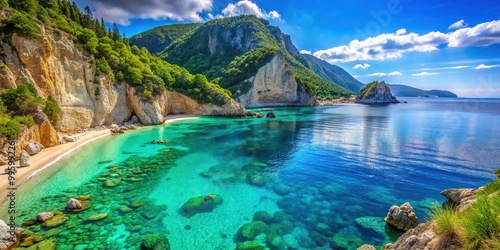 Serene turquoise waters lap against the picturesque shore of Agiofili Beach, surrounded by lush green hills and towering cliffs under a brilliant blue sky.