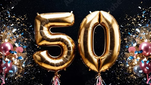 Shiny gold number 50 balloon, confetti, festive design dark background