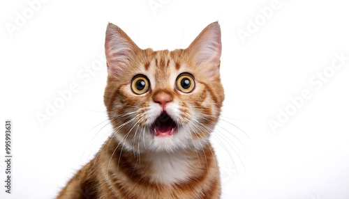 Angry and surprised cat isolated on a transparent PNG background with a funny and excited expression, wide eyes and open mouth, capturing a humorous and animated moment in feline behavior.