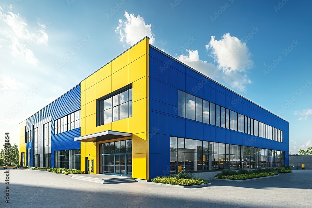 modern industrial building, blue and yellow color scheme, two storey office with entrance door and windows modern industrial building, blue and yellow color scheme, two storey office with entrance door and windows