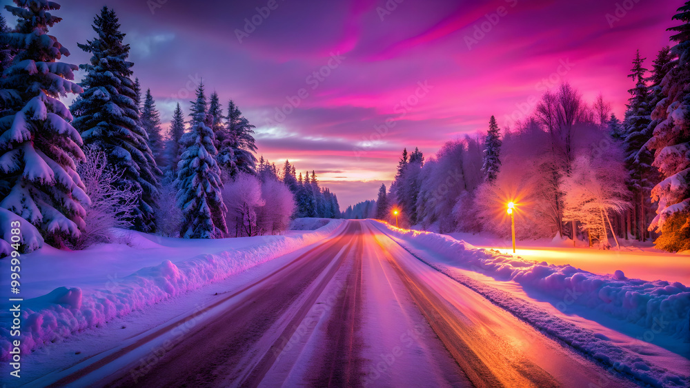 Snow-covered road illuminated by vibrant pink and purple lights at sunset , winter, landscape, scenic, cold, snowy, road Snow-covered road illuminated by vibrant pink and purple lights at sunset , winter, landscape, scenic, cold, snowy, road