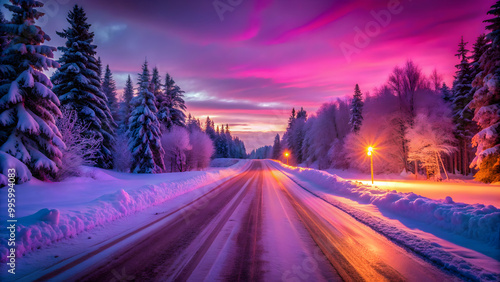 Snow-covered road illuminated by vibrant pink and purple lights at sunset , winter, landscape, scenic, cold, snowy, road