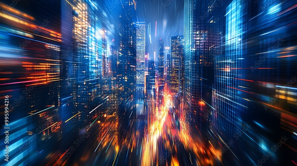 abstract background of blurred skyscrapers at night business and technology concept. abstract background of blurred skyscrapers at night business and technology concept.