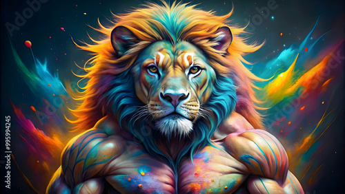 Muscular and colorful lion with a generative design, lion, muscular, colorful, vibrant, digital art