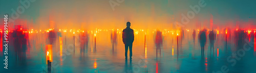 A solitary figure stands amidst a sea of blurred figures, illuminated by glowing lights in an abstract digital painting, creating a sense of mystery and isolation. photo