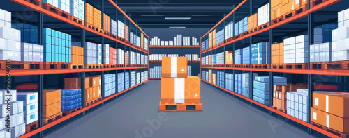 Automated supply chain system, medical supplies moving through a smart warehouse, flat design illustration