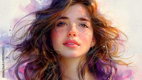 Illustrate her with long wavy hair flowing. AI generated