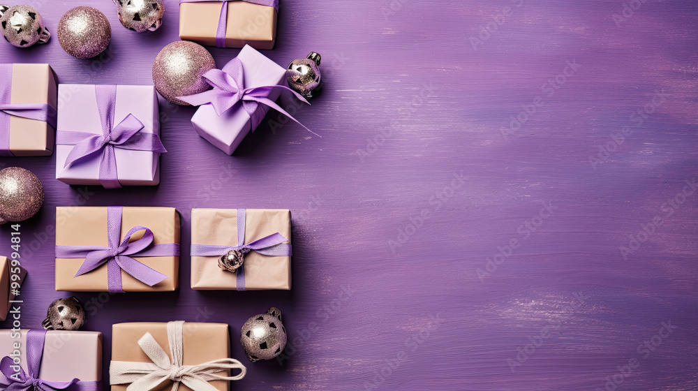 custom made wallpaper toronto digitalTop view of gifts, bows and Christmas decorations on a purple wooden background