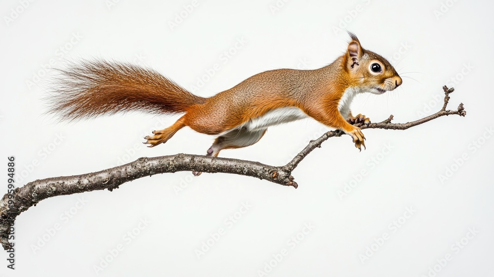 Obraz premium Red Squirrel Leaping Between Branches in Mid-Air