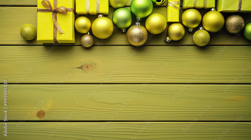 Naklejka premium Top view of gifts, bows and Christmas decorations on a chartreuse wooden background