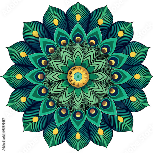 Detailed black and white mandala illustration of a flower in a symmetrical design