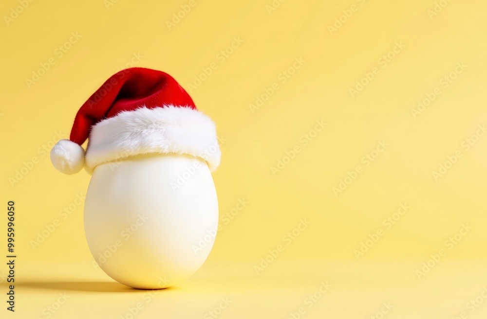 Fototapeta premium White egg in Santa hat stands on left side on yellow background with copy space. Christmas celebrating concept.