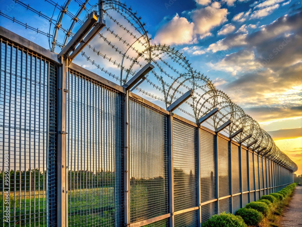 Tall metal fence with barbed wire topping for security Tall metal fence with barbed wire topping for security