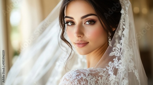 Beautiful bride with veil looking over her shoulder.