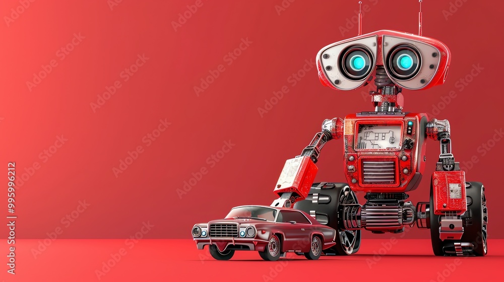 Fototapeta premium A cartoon robot holding a miniature car on a red background.