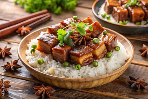 Tender slices of braised pork belly rest on a bed of fluffy white rice, elevated by a medley of aromatic garnishes.