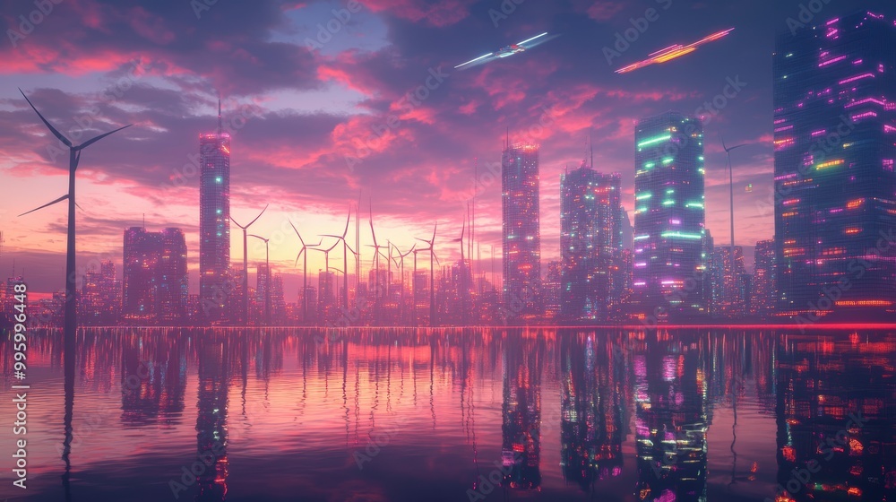 A captivating dusk scene of a city with illuminated eco-buildings and wind turbines, with the reflective surface of a serene lake capturing the lights and colors of the vibrant urban landscape A captivating dusk scene of a city with illuminated eco-buildings and wind turbines, with the reflective surface of a serene lake capturing the lights and colors of the vibrant urban landscape