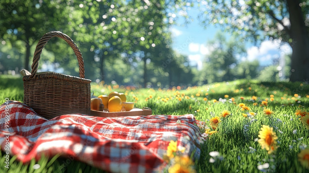 Picnic Basket and Blanket in a Field of Flowers Picnic Basket and Blanket in a Field of Flowers